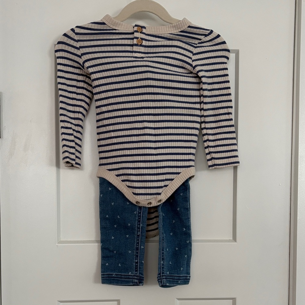 Cat and Jack Striped Cream & Navy Jean Kids Two-Piece Set 18 Month